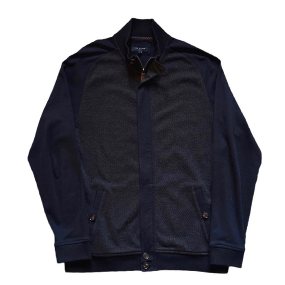 TED BAKER LONDON FULL ZIP MEN’S COTTON BOMBER STYLE KNITWEAR JACKET NAVY GRAY - Picture 8 of 12
